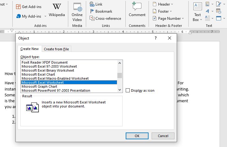 step 4 of inserting excel sheet into ms word doc