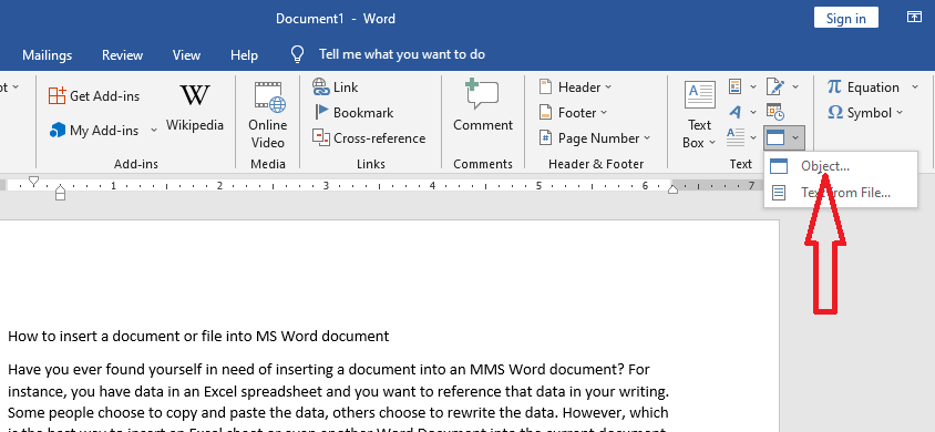 step 3 of inserting ms excel sheet into ms word document